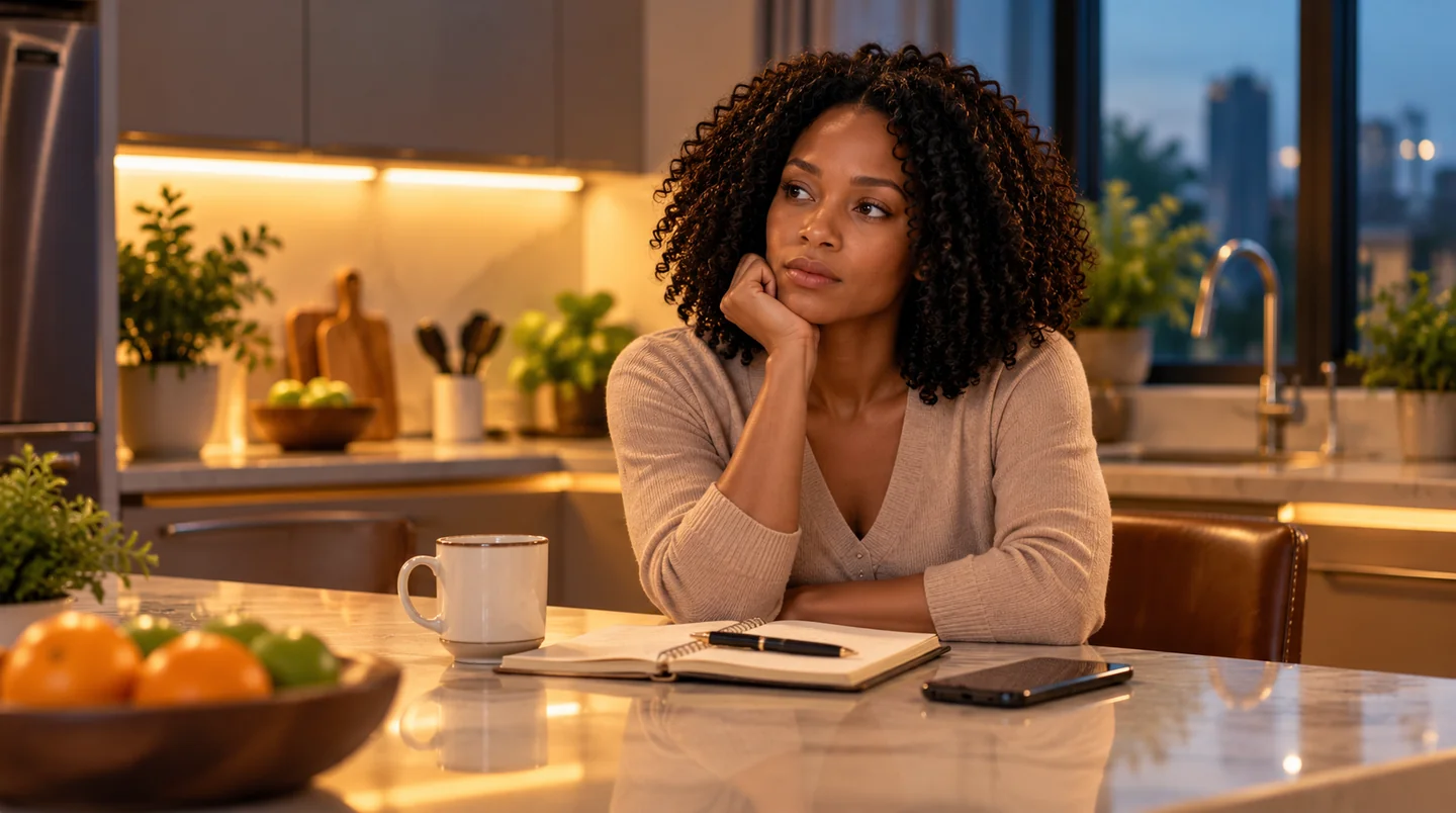 Nia, a fictional MindLife Patterns character, reflecting beside an open notebook